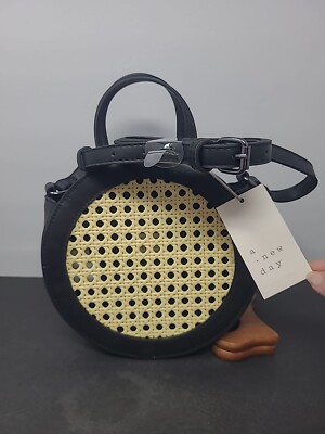 NWT Round Crossbody Bag Purse/Handbag in Black Cane Faux