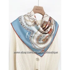 Sally Twill Silk 18 Momme Wrap Scarf Carriage Print Double Face Square Shawl 35"