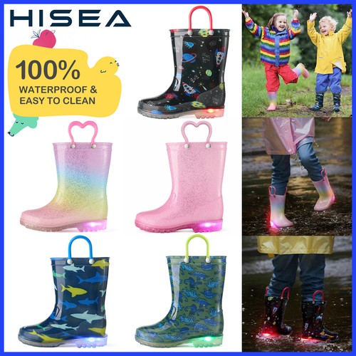 HISEA Kids Light Up Pull-On Rain Boot Boy Girl Waterproof No-Slip Mid Calf Welly