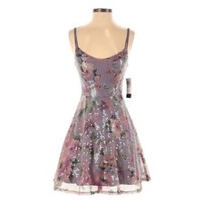 City Studio Party Pink Lavender Floral Seqin Fit & Flare Dress Size 1 NWT