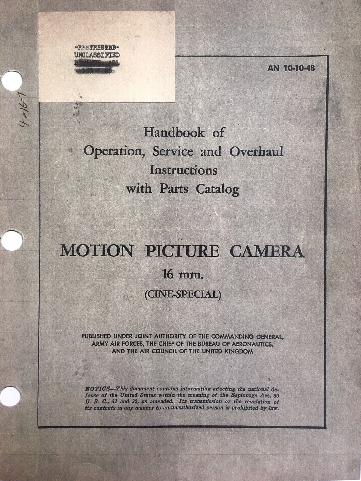 Cine-Kodak Special Repair Service Reprint 67% OFF of fixed price Manual-Military favorite
