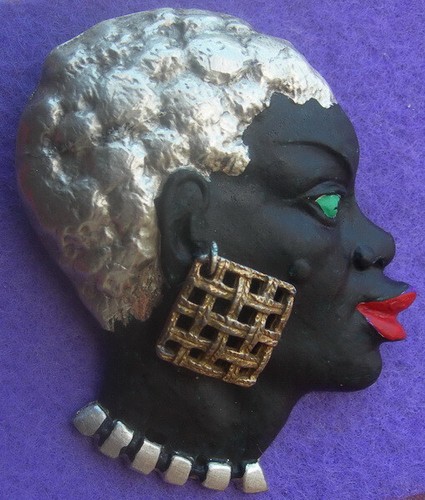 Broche/pendentif Vintage Tête De Femme Africaine - Alliage Argenté - Pièce Unique