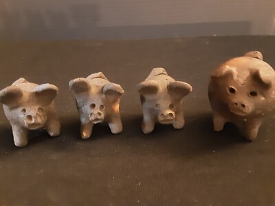 Set Of 4 Small Black Terra Cotta Good Luck Pigs Three Legged Figurines Chile