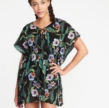 Old Navy Swim Kaftan Size Large Small tropical floral coverup dress Black Tassel