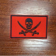 Pirate Patch Red Flag No Mercy or No Quarter Given Embroidered Iron On 2x3.25"