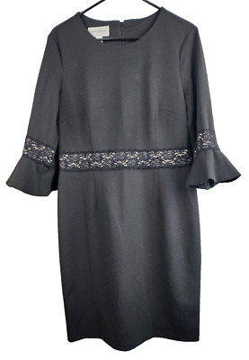Donna Morgan Womens Shift Dress Size 14 Black Lace Trim Bell Sleeve Minimalist