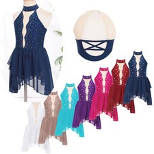 Kids Girls Dress Modern Leotard Latin Dancewear Rhinestone Stage Irregular Hem