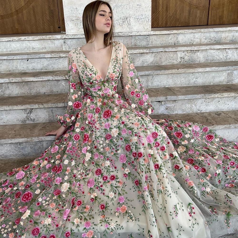 Floral Tulle Prom Dresses Long Sleeves V-Neck Lace Appliques A-Line Evening  Gown | eBay