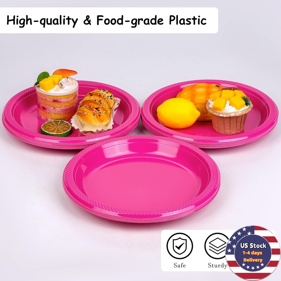 125 Pieces Disposable Hot Pink Plastic Plates 9 Inch Round Dessert