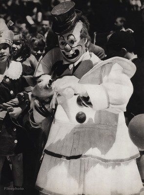 1940s Vintage CIRCUS CARNIVAL Clown Feeding Baby Pig Ringling Large Photo Art