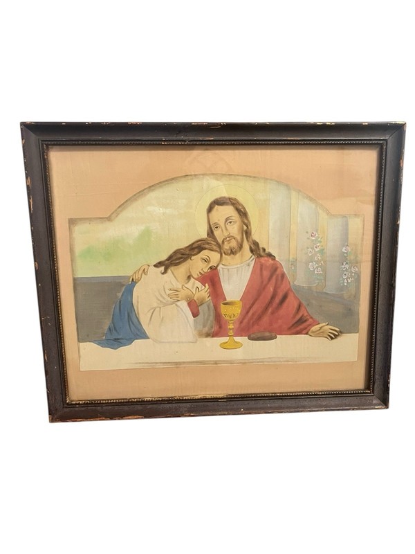 Antique HandPainted Christ with His Favorite Disciple John Half-Length Figures
