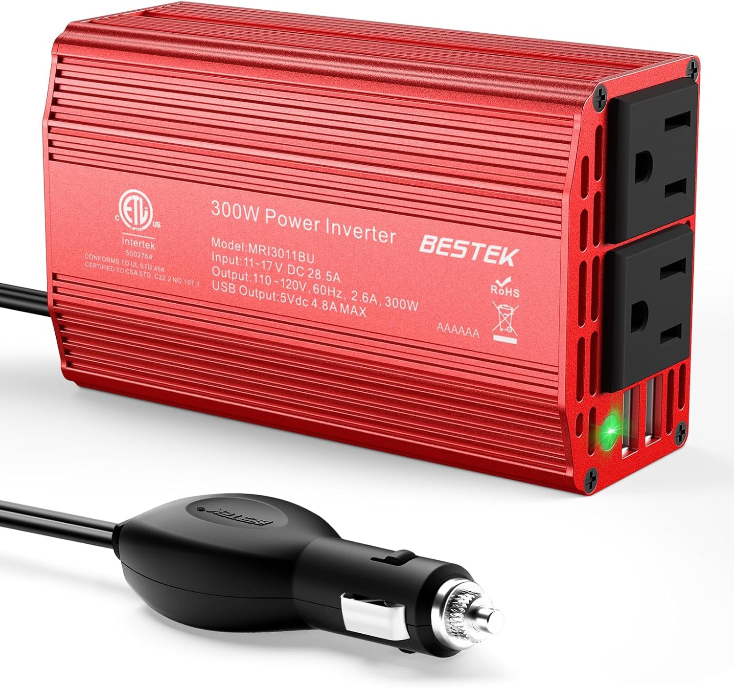 BESTEK Power Inverter DC 12V to AC 110V - 300W Car Plug Adapter Outlet with 4.8A