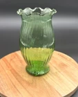 Vintage Anchor Hocking Fluted Green Glass Ruffled Rim Ribbed Vase