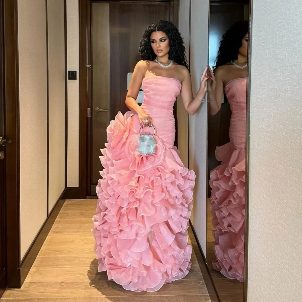 Unisex Organza Pleat Ruched A-line Strapless Long Dresses Modern Formal Gowns