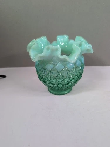 Fenton Green Opalescent Cut & Block Vase