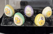 Lot Of 5 Vintage Ceramic Easter Eggs Hand Painted Applied Pictures
