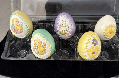 Lot Of 5 Vintage Ceramic Easter Eggs  Hand  Painted Applied Pictures