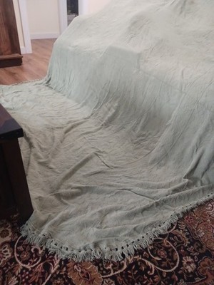 Vintage green Bedspread w window topper Farmhouse Cottage  condition issues
