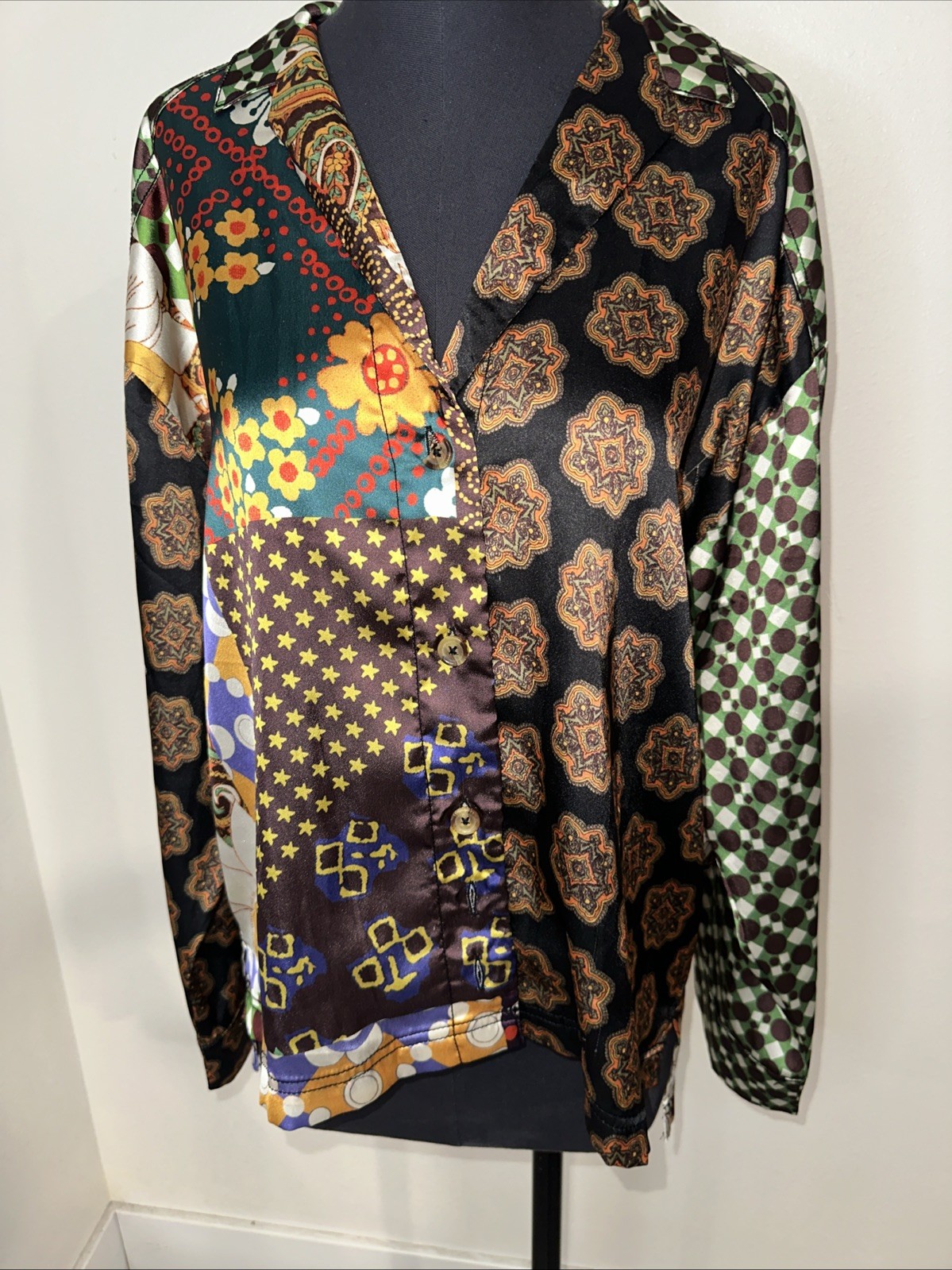 Urban Outfitters Patchwork Button Down Blouse Mul… - image 1