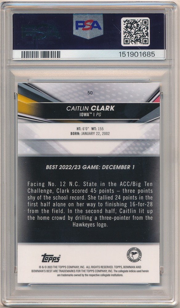 CAITLIN CLARK 2022/23 BOWMAN'S BEST UNIVERSITY 50 RC ROOKIE IOWA PSA 10 GEM MINT view 2