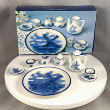 Vintage Miniature Doll Tea Set Ceramic Delft Blue White Windmill Nobel Hall Box