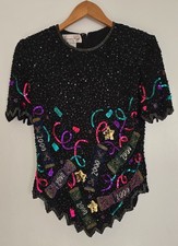 VTG Laurence Kazar Y2K Millennium 2000 Beaded Sequin Top Silk Party Blouse