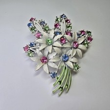 1960s White Enamel Pastel Rhinestones Flower Brooch