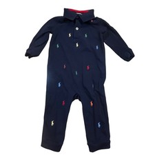 Ralph Lauren Baby Boy Navy Blue Multi Pony Polo Romper One Piece 12M Long Sleeve