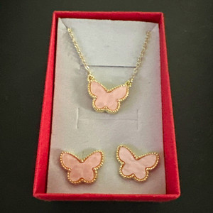 Authentic 14k Gold plated Pink Butterfly Necklace & Earrings Jewelry Set Butterflies