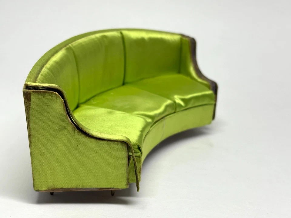 Vtg Ideal Petite Princess Green Satin Salon Curved Sofa As-Is - Image 3 of 4