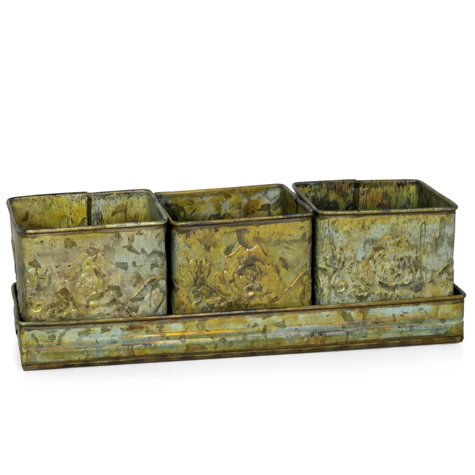 Pflanzschale Tablett Übertopf Töpfe 4er Set Metall Shabby Landhaus Rosen Garten - Bild 2 von 4