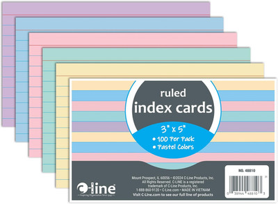 3  x 5  Index Cards, Assorted Colors, Ruled, 100/PK (48810)