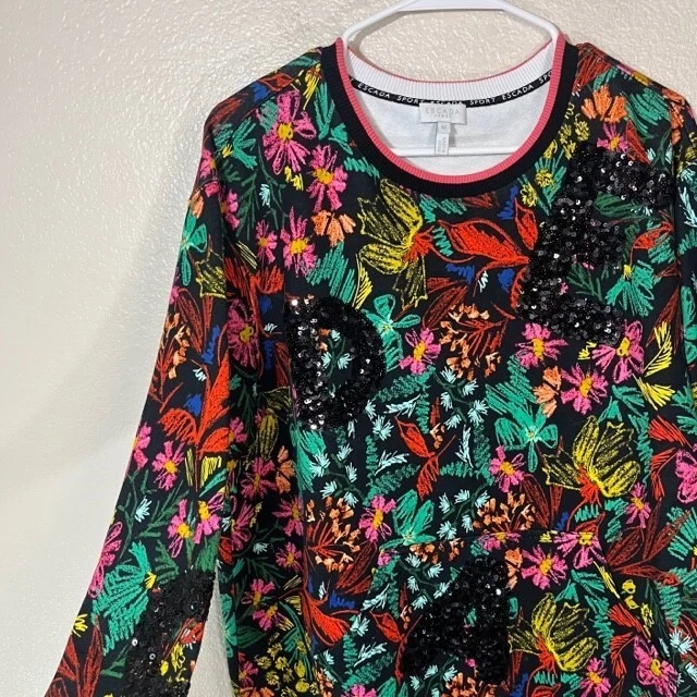 Sudadera deportiva Escada para mujer mediana floral lentejuelas deletreado pulóver bolsillo artístico Foto 2 de 4