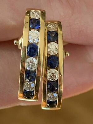 Yellow Gold Plated 925 Simulated Diamond Sapphire Channel Hoop Earrings 2.75 Ct