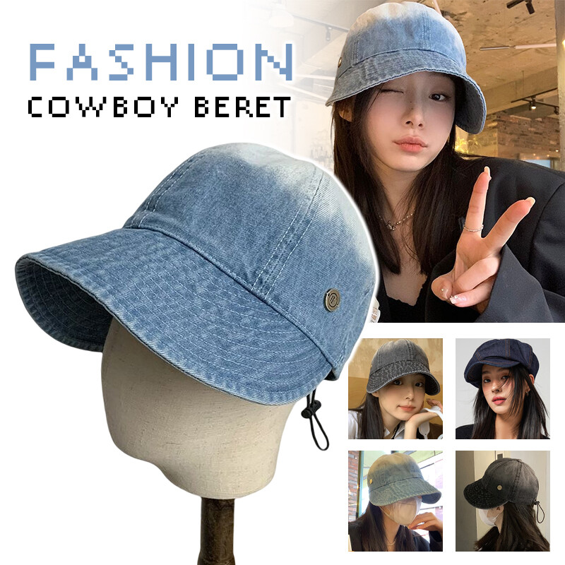 Women Cowboy Denim Octagonal Wide Brim Beret Cap Peak Cap Newsboy