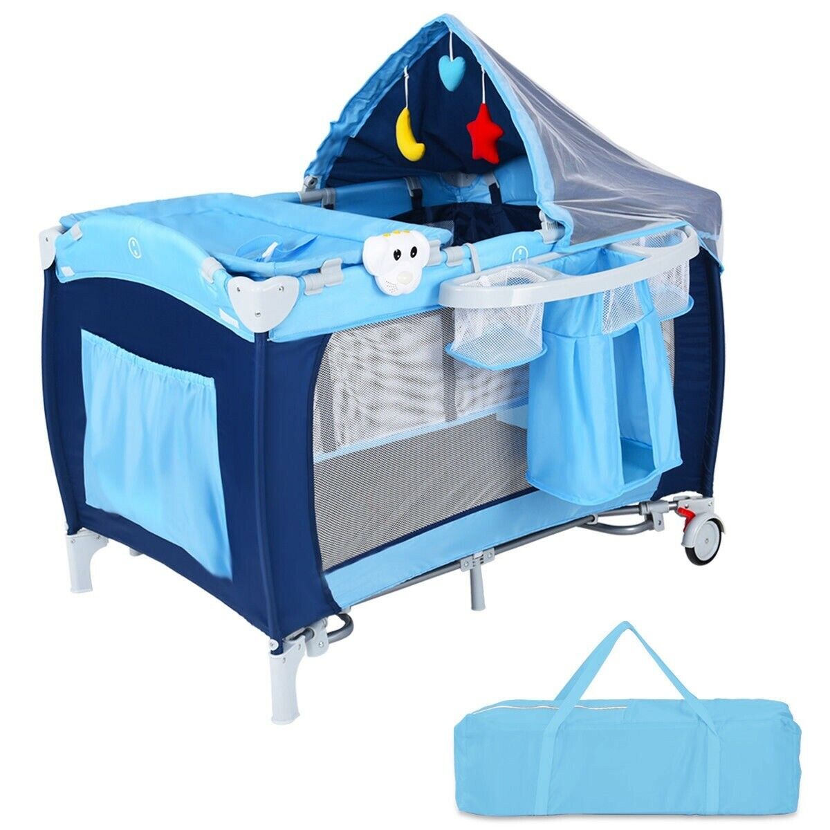 Baby Crib Portable Infant Bed Foldable Bassinet Newborn Playpen w Nursery Table