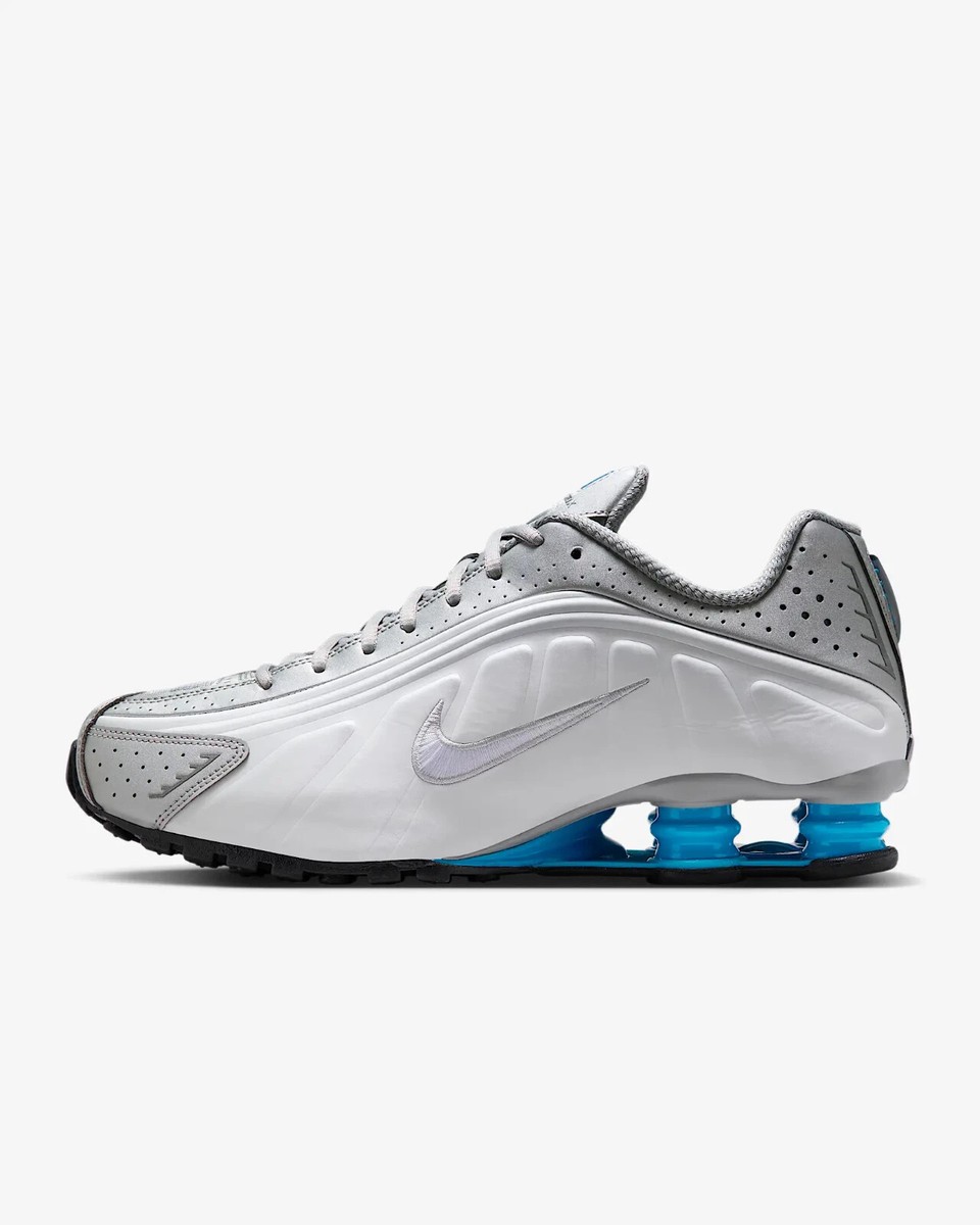 New Nike Shox R4 Shoes - Metallic Silver/ Black/ Blue Lagoon