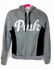 Victoria s Secret Pink Women s Zip Up Hooded Gray Black White Sweatshirt Sz XS