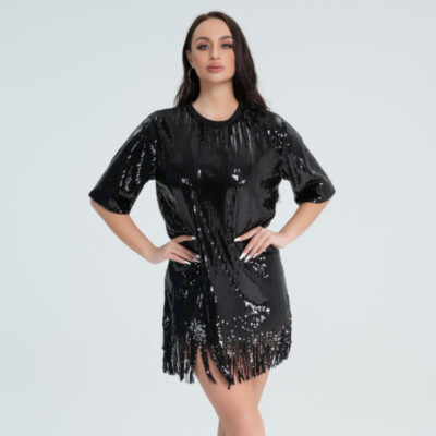 Women Sequin Loose T-Shirt Dress Mini Short Sleeve Clubwear Party Dance  Tassel | eBay