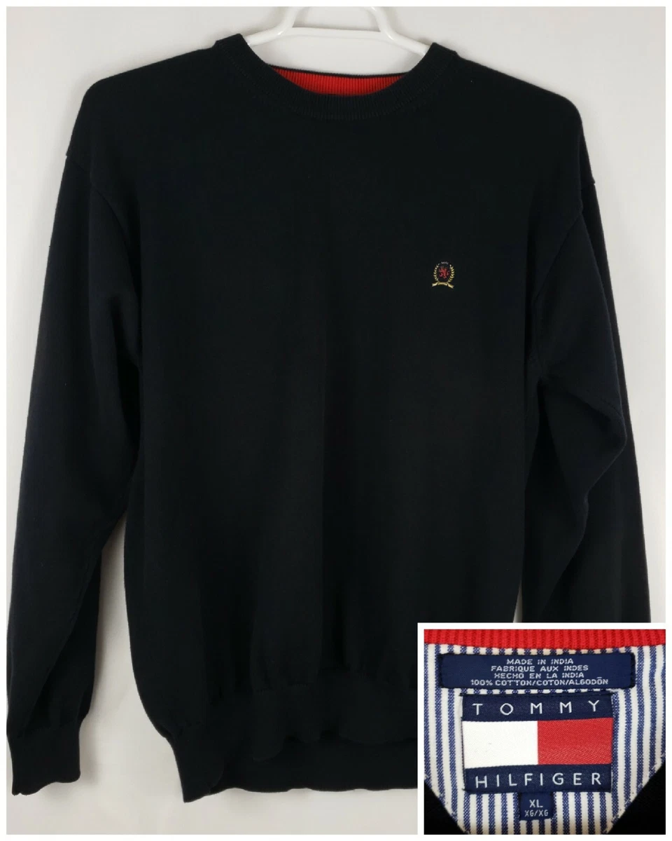 VINTAGE Tommy Hilfiger Sweater Mens XL Pullover Navy Blue Heavy Knit Crew  Crest