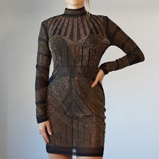 Sheer Stretch Black Long Sleeve Dress with Gold Studs, Zip Closure Sz L