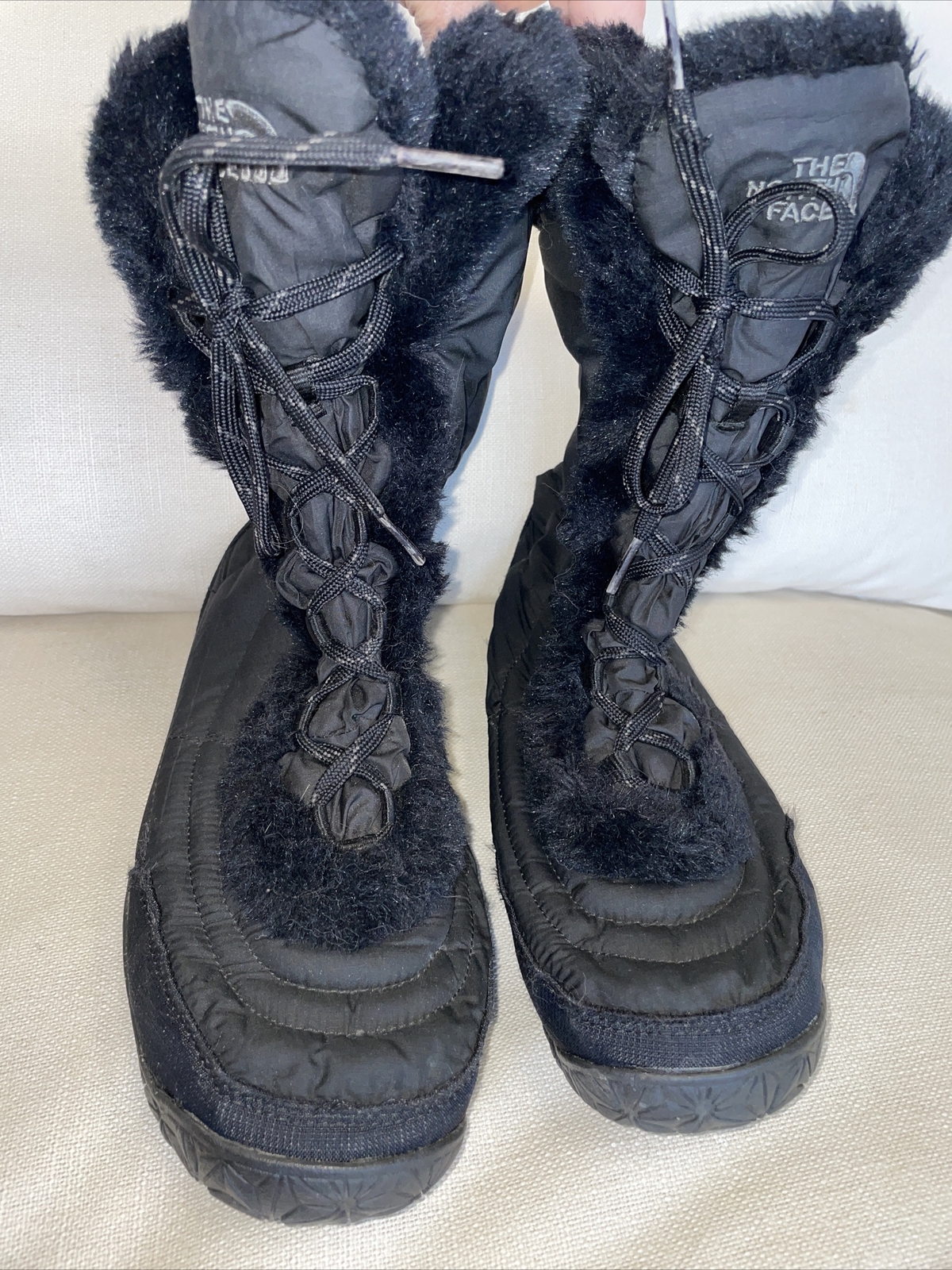 NORTH FACE BLACK NYLON RUBBER FUR ACCENT WATERPROOF WOMEN Snow BOOTS 8M RARE P9 image 2