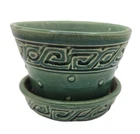 Vtg McCoy Pottery Green Greek Key Hobnail Planter 3 Inch Attached Saucer MCM