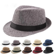 Men Women Straw Fedora Hat Trilby Cuban Sun Cap Panama Short Brim Floral Summer