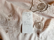 Vintage Linen Tablecloth Pink Taupe brown Flo...