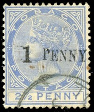 Tobago 1889 1d on 2 1/2d QV surcharge SG 29a wide FU cat £90 (Trinidad)