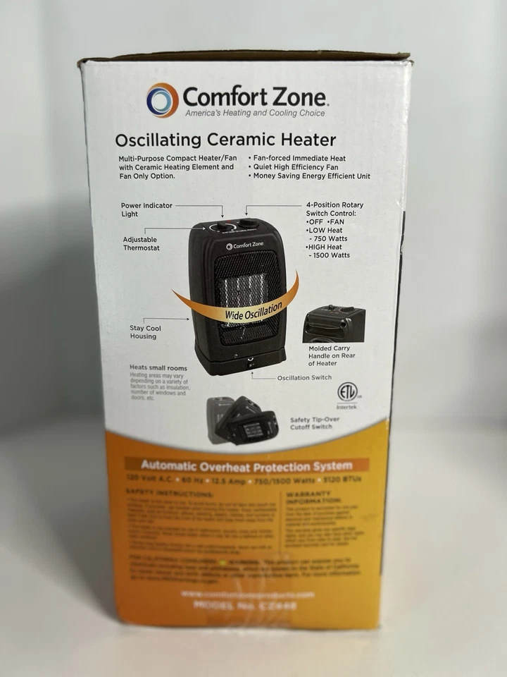 New Comfort Zone CZ448 1500W Ceramic Electric Portable Heater - Black - Image 3 of 4
