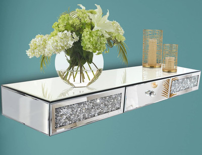Mirrored Floating Wall Shelf w/ Drawer Crystal Diamond Silver Bling Décor 31.5''L
