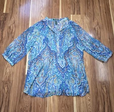 LRL Ralph Lauren Sheer Blouse Womens XL Paisley Boho Chiffon Pintuck Shirt Blue