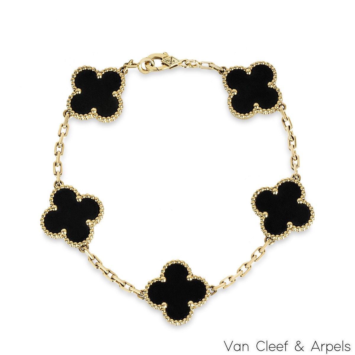 Van Cleef & Arpels Yellow Gold Onyx Vintage Alhambra 5 Motif Bracelet VCARA41300